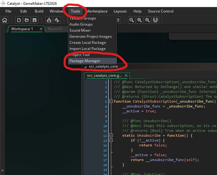 GameMaker with Package Manager highlighted
