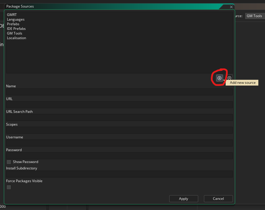 GameMaker Package Sources with Add New Source highlighted
