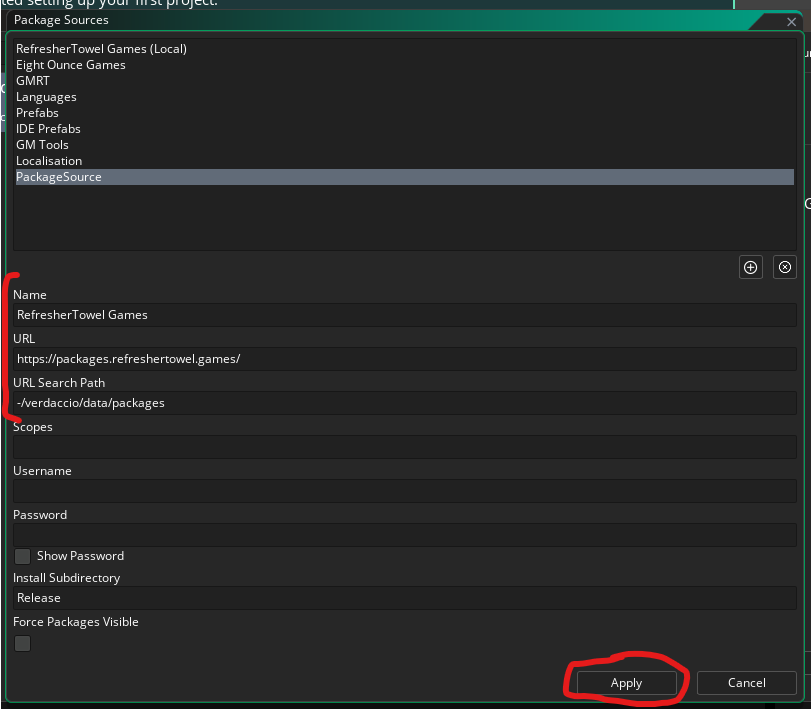 GameMaker package source form with the connection fields and Apply button highlighted