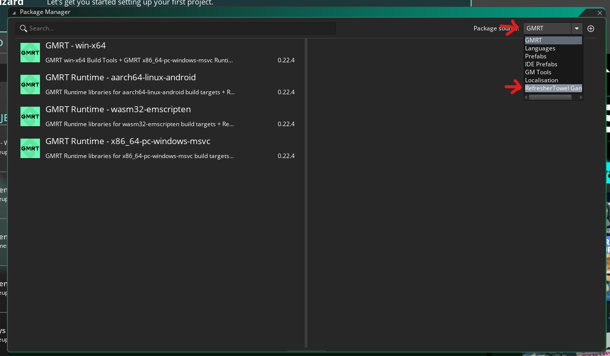 GameMaker package source form with the package source dropdown showing the new source selected