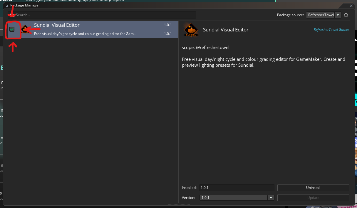 Checkbox ticked next to the plugin name in GameMaker Package Manager