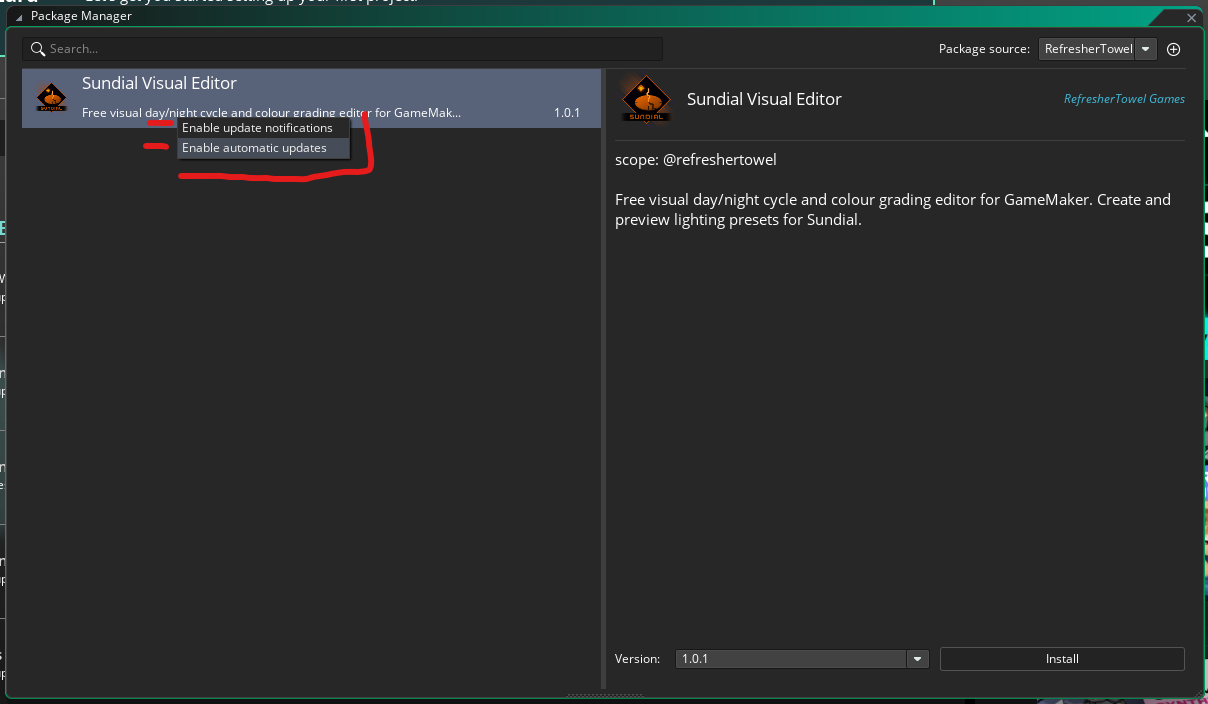 GameMaker package update notification and automatic update options